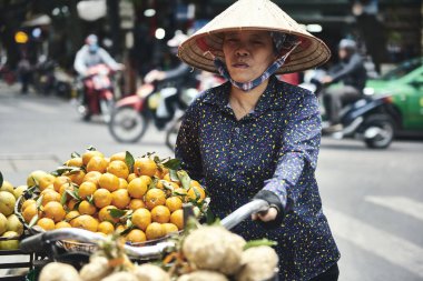 Bisikletli Vietnamlı kadın sokaklarda meyve satıyor.