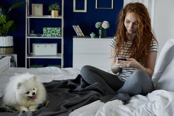 Texting Mulher Com Seu Cão Próximo — Fotografia de Stock