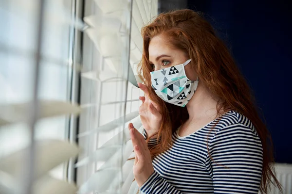 Woman Protective Mask Next Window — Stock Photo, Image