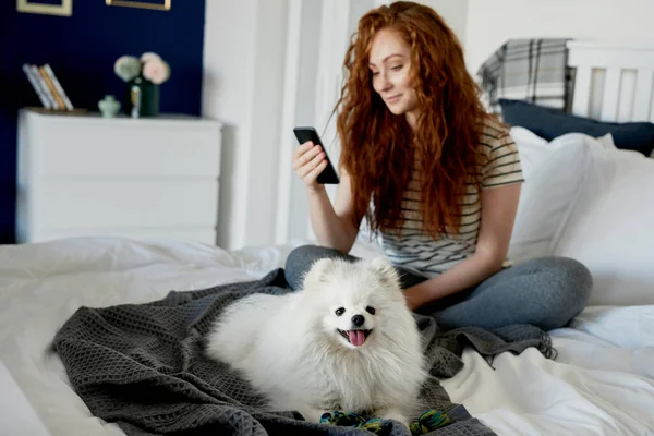 Cão Sua Dona Cama — Fotografia de Stock