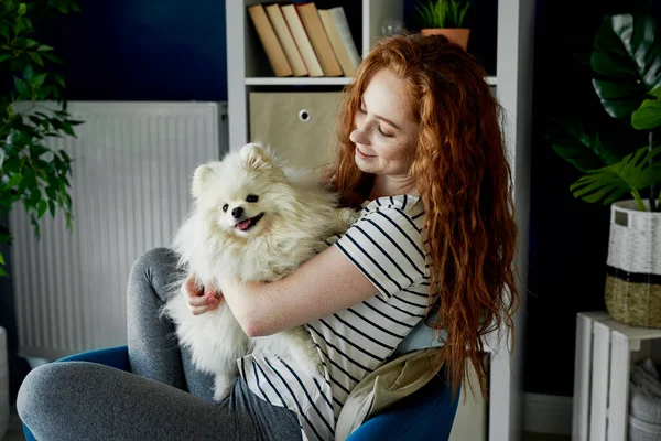 Cão Estimação Fofo Seu Dono Ruivo — Fotografia de Stock