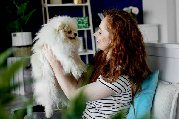 Mulher Segurando Seu Cão Estimação Fofo Bonito — Fotografia de Stock