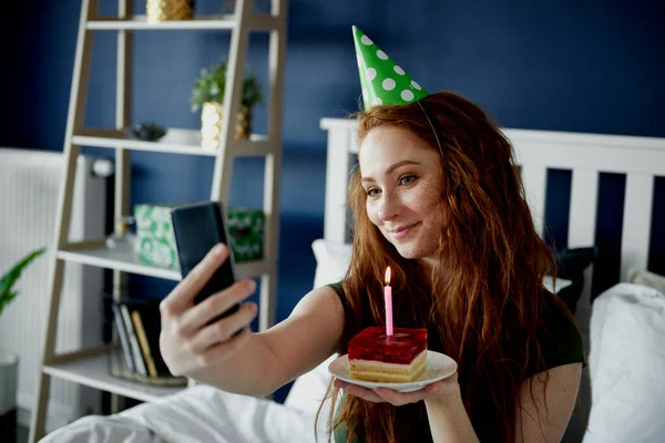 Woman Taking Selfie Birthday Cake — Stock Photo, Image