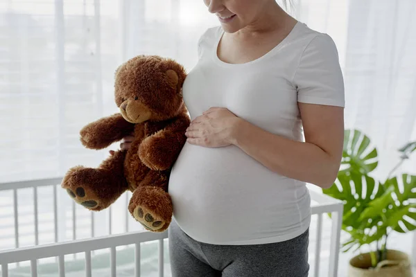 Mujer Embarazada Sosteniendo Oso Peluche — Foto de Stock