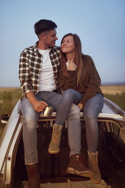 Front View Loving Couple Sitting Car — Stock Photo, Image