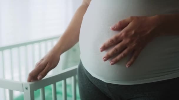 Detailní Video Těhotné Ženy Pokročilým Těhotným Břichem Snímek Red Heliovou — Stock video