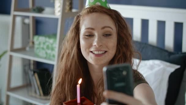 Video Woman Taking Selfie Birthday Cake — Stock Video