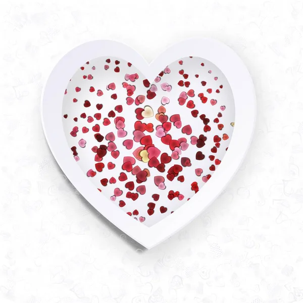 white love, heart frame on white background with red, white hearts different size