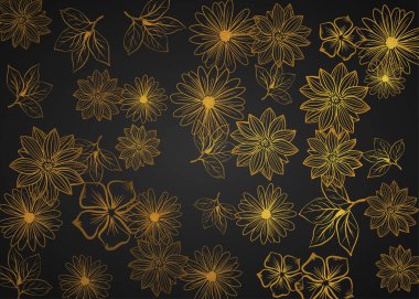 Farklı boyutlarda çiçekleri olan siyah ve altın renkli bir arka plan..