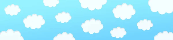 Cute spring horizontal banner with white cartoon clouds pattern. Gradient blue background for social media. Light summer spring season mood banner