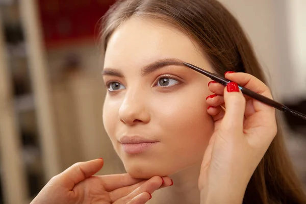 Artista Maquillaje Profesional Usando Lápiz Cejas Una Encantadora Mujer Joven — Foto de Stock