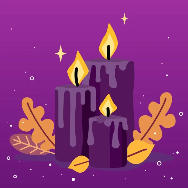 Composição de velas de Halloween com velas roxas e folhas de outono — Vetor de Stock