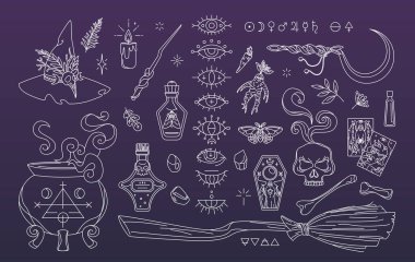 Sihirli elementler ayarlandı, büyücülük koleksiyonu. Cadı şapkası, kazan, süpürge