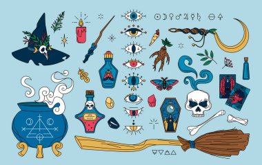 Sihirli elementler ayarlandı, büyücülük koleksiyonu. Cadı şapkası, kazan, süpürge