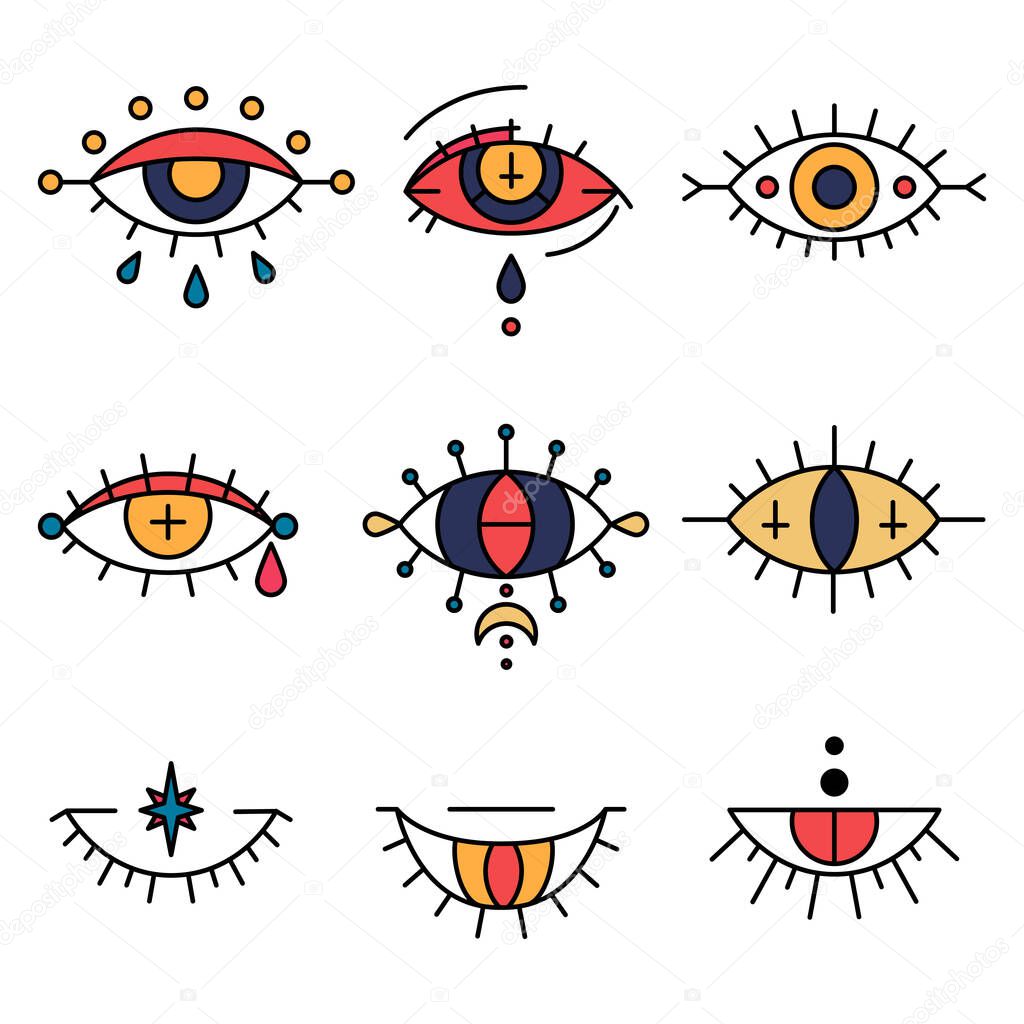 Mystic talismans tattoo concept or Evil eyes set. Occulture idea