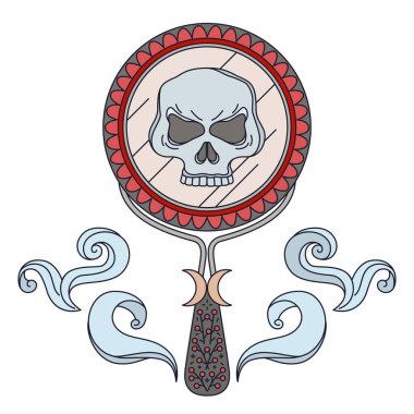 Outline symbol of providence, oracle. Skull in hand mirror with smoke clipart