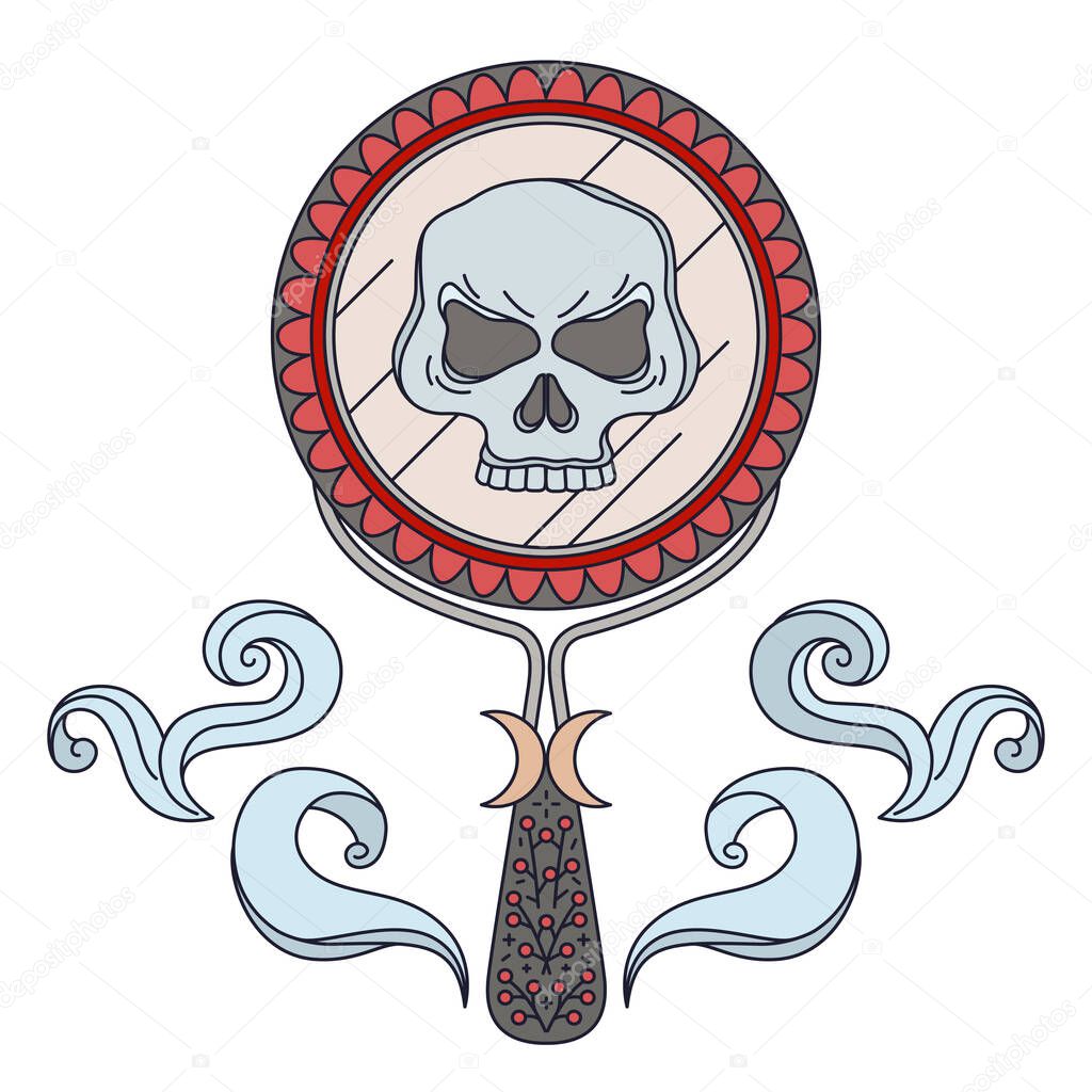 Outline symbol of providence, oracle. Skull in hand mirror with smoke