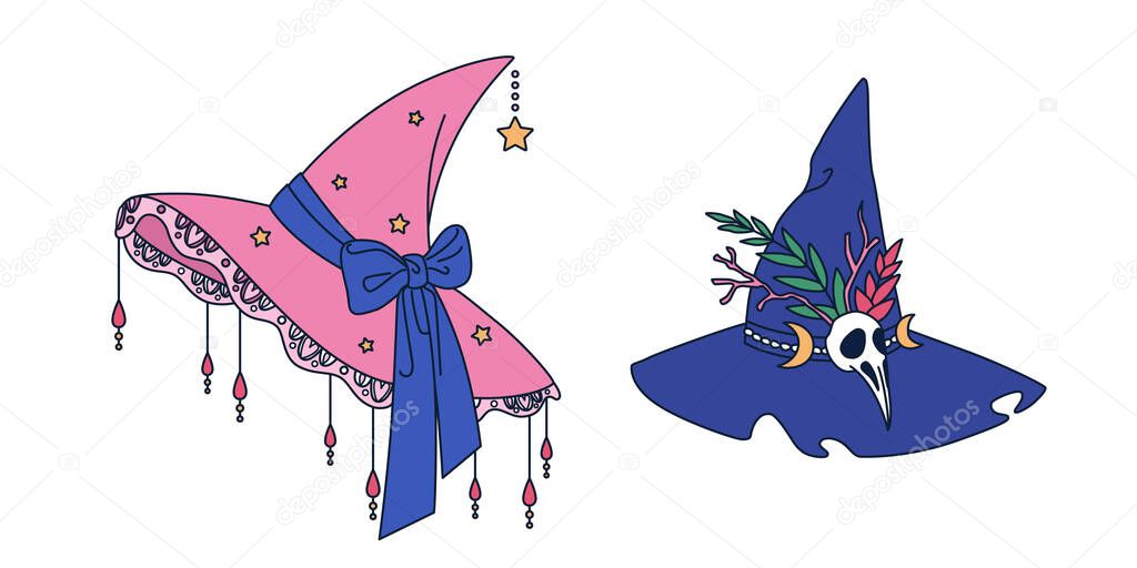 Magic items vector illustration - witch hats for good and evil