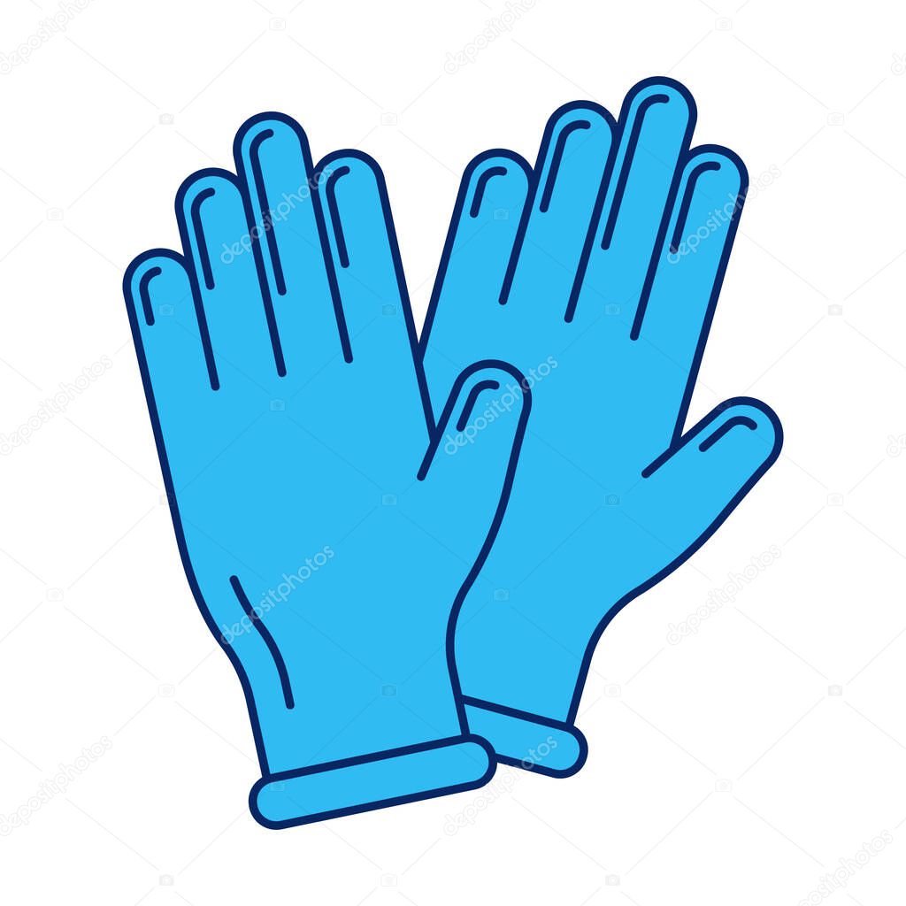 Medical gloves - covid prevention concept. Vector Covid-19 icon, Coronavirus element or sticker in flat line style. Blue and neon turqoise palette
