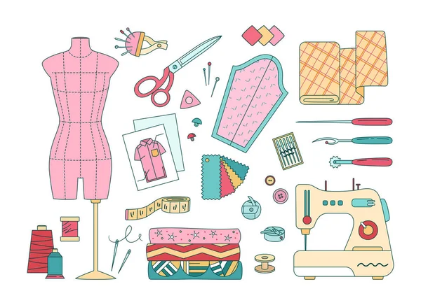 Elemento de conjunto de tela de coser profesional. Herramientas de diseño de moda y sastrería — Archivo Imágenes Vectoriales