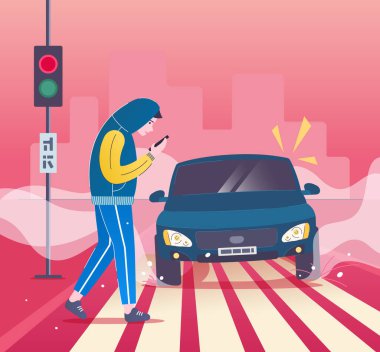 Yaya kazası - Vektör çizimi. Yaya geçidinde akıllı telefonu olan adam - tehlikeli yol