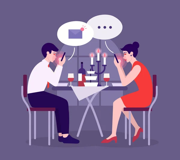 Modern romantic dinner. Couple looks in their smartphones on date. Social media addiction. Man and woman sit at table — Stock Vector