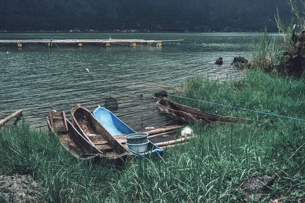 Photograph Old Fisherman Boats Standing Bank River — Stock Photo, Image