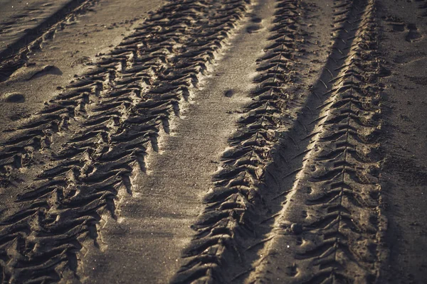 Fotografia Śladów Opon Samochodowych Mokrym Piasku Cieniami Słońca — Zdjęcie stockowe
