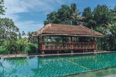 Arka planda büyük bir çardağı, havuzu ve palmiye ağaçları olan tropikal bir yaz bahçesinin fotoğrafı.