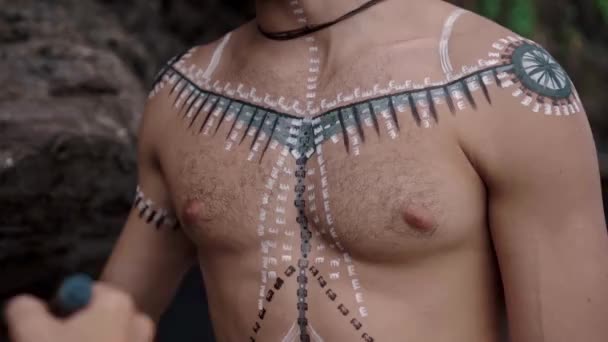 Sanatçının Kadın Eli Doğadaki Erkek Vücuduna Bir Fırça Çizer — Stok video