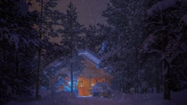 Gece ve kar yağışı orman evinde. UHD
