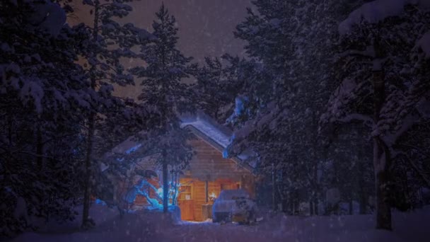 Σπίτι στο δάσος τη νύχτα και χιονοπτώσεις. UHD — Αρχείο Βίντεο