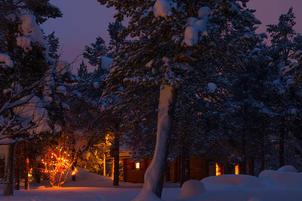 Winter Evening in the Woods, House, and Garland on the Tree