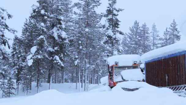 Besneeuwde trekker in de Winter Forest en sneeuwval — Stockvideo
