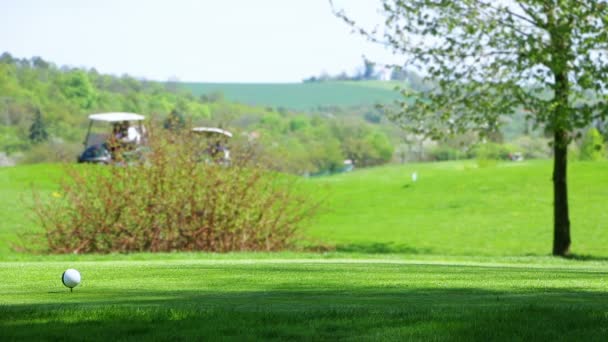 Campo de golf y pelota en primer plano — Vídeo de stock