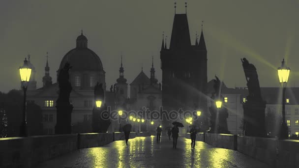 Fotgängare med paraplyer på Karlsbron på natten. Slow Motion — Stockvideo