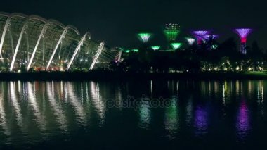 Gece Singapore. Bahçelerle koy ve çiçek kubbe. Gece ışık ve müzik gösterisi ve Supertree Grove