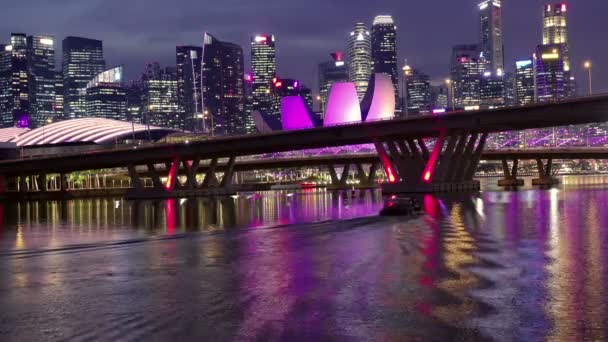 Night Singapore Skyscrapers Art Science Museum Shining Beautiful Reflection Water — Stock Video