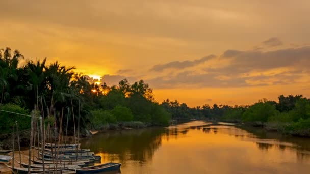 Malezya Nehir Orman Kıyısında Birkaç Tekneler Günbatımı Çok Renkli Gökyüzü — Stok video