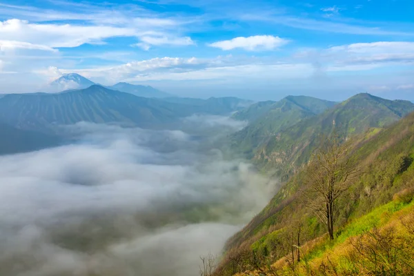 Reggeli köd vulkánok közötti völgyben — Stock Fotó