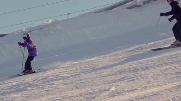 Winter Sunny Ski Slope Dad Teaches Child Ski Slow Motion — Stock Video