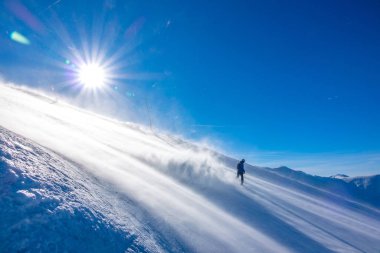 Snowboardcu Dik Kayakla Güneşin Altında Çok Kar Tozu Yükseltiyor 