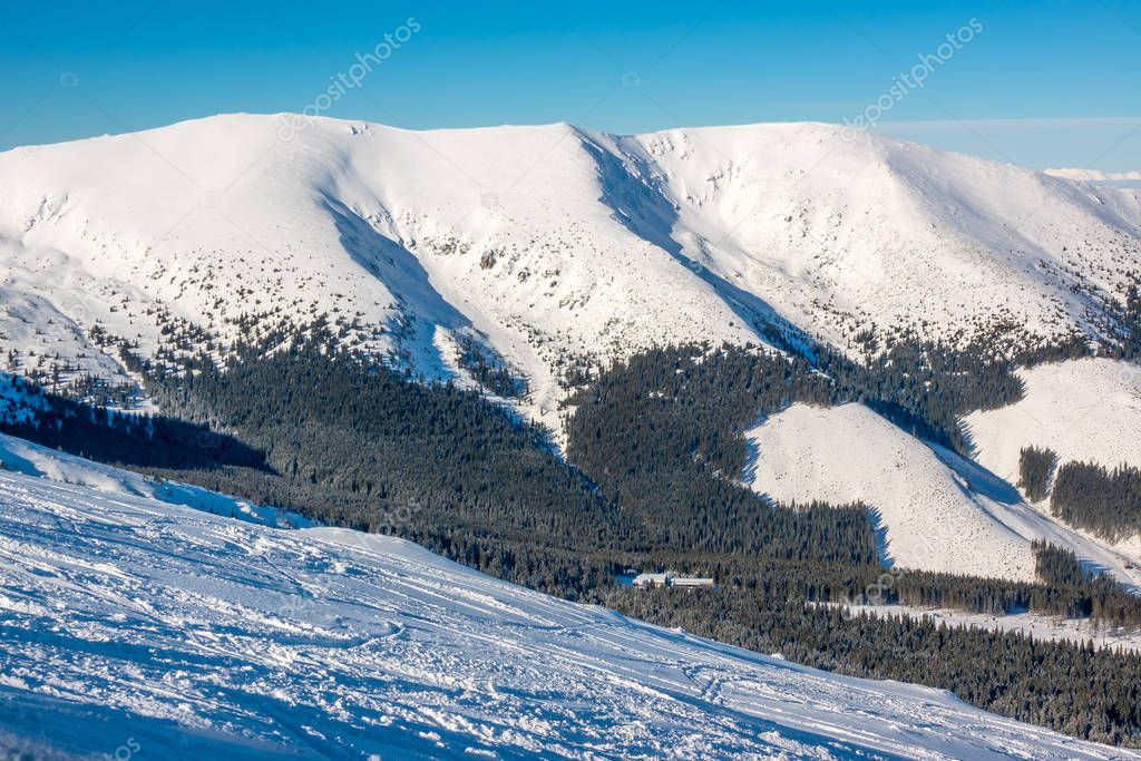 Freeride Slope on the Background of Snowy Mountains
