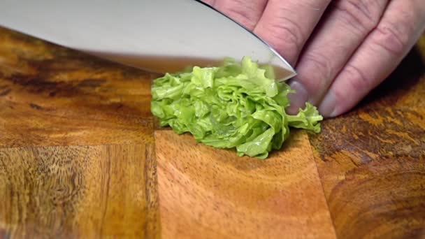 Tahta Kesme Tahtası Erkeklerin Elindeki Bıçak Bir Sürü Salata Keser — Stok video