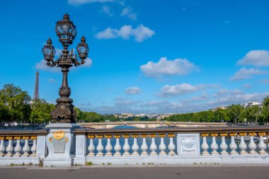 Fransa. Paris 'te güneşli bir yaz günü. Köprüde fener var. Alexandre III Seine nehrinin karşısında.