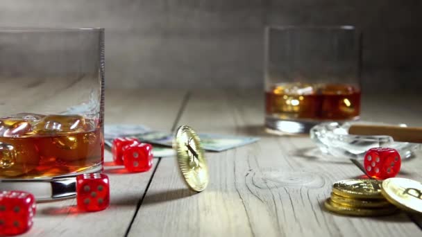 Old Wooden Table Whiskey Ice Cubes Two Glasses Cigar Ashtray — Stock Video