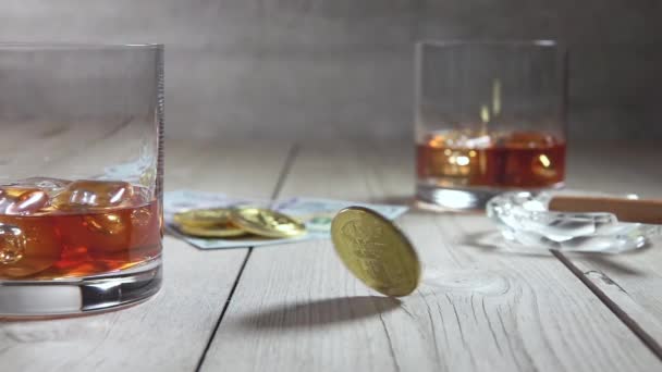 Old Wooden Table Whiskey Ice Cubes Two Glasses Cigar Ashtray — Stock Video