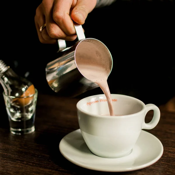 Man Pouring Coffee Milk — Stock Photo, Image