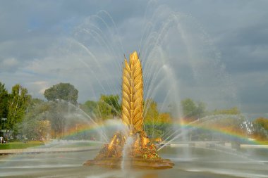 Moskova, Rusya - 12 Ağustos 2019: Moskova 'daki Vdnkh' da Altın Çeşme. Rus Sergi Merkezi.