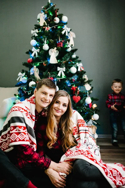 Father Mother Holds Little Son Sitting Christmas Tree — Stock Photo, Image